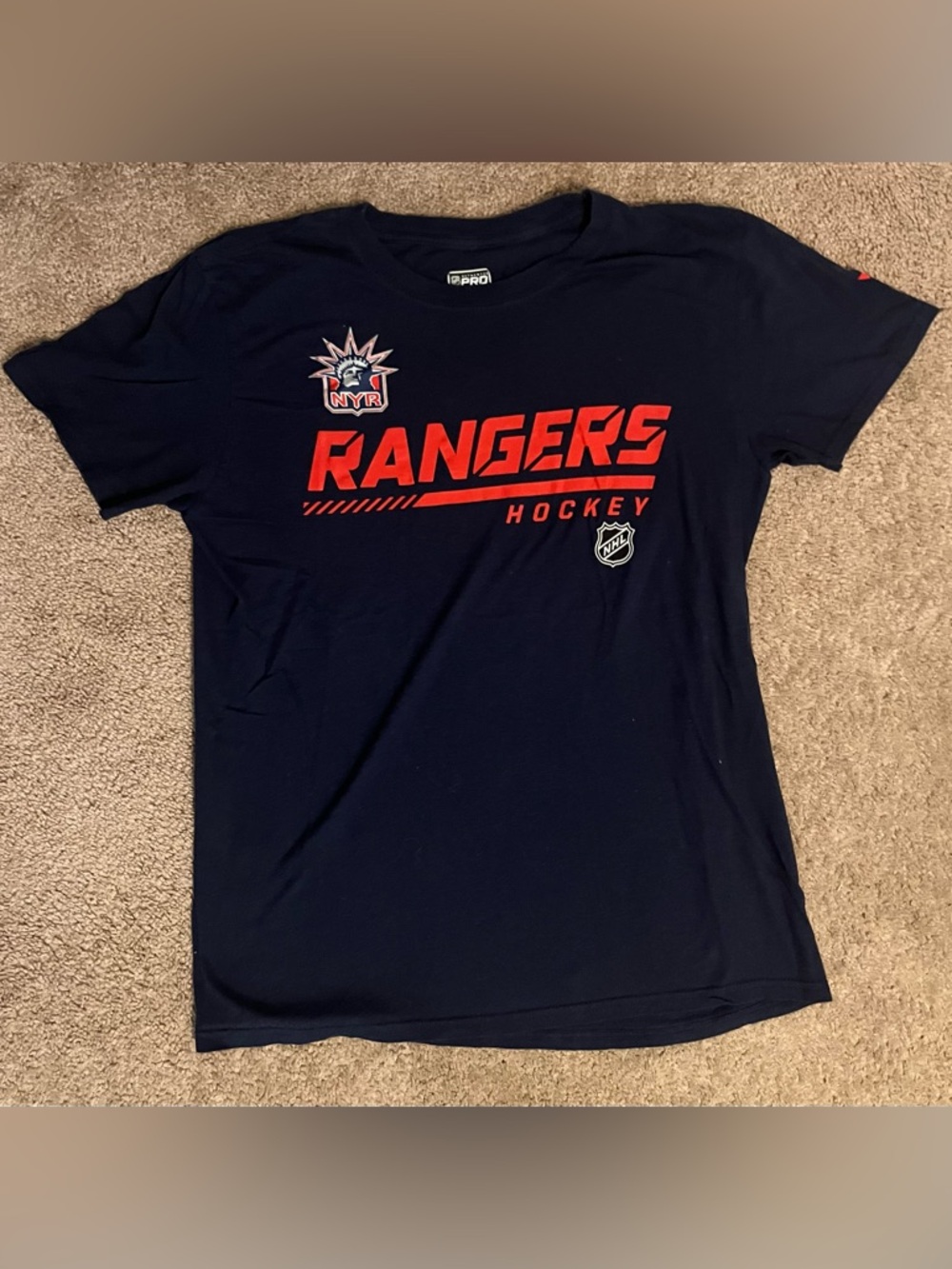 Fanatics Navy and Red Rangers Hockey Tee